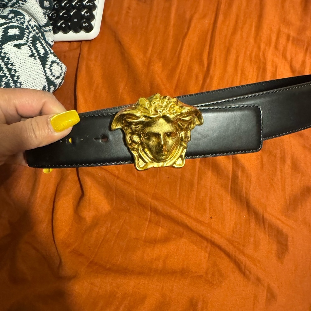 Versace Black Leather Belt with Gold Medusa Buckle